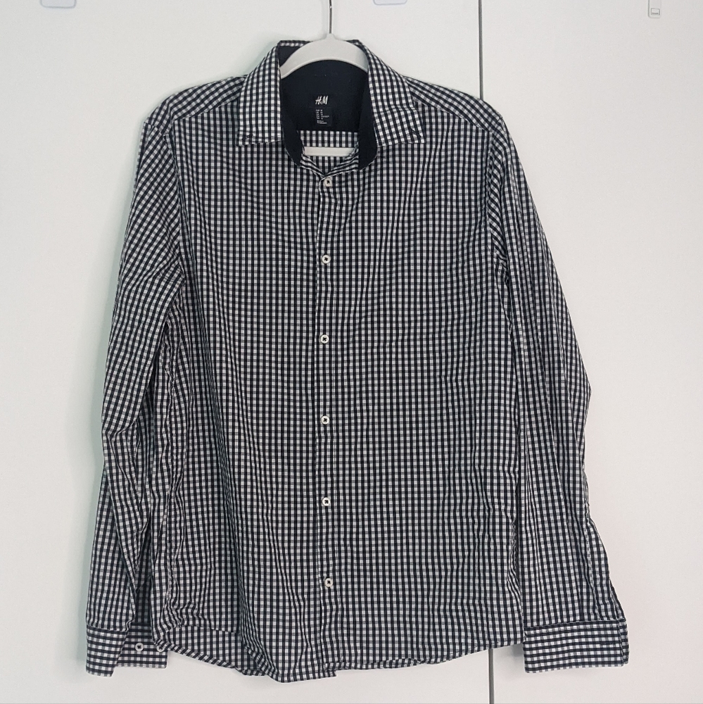 H&M Men's Gingham Dress Shirt M Navy